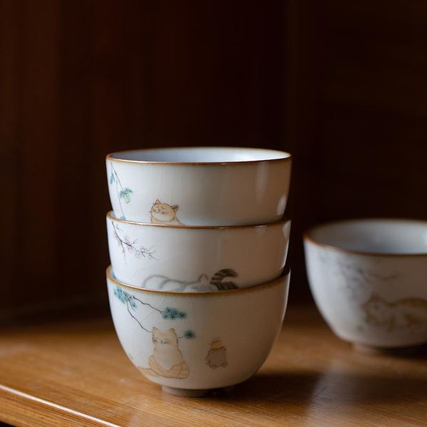 

cups & saucers luwu ceramic teacup cute cat chinese tea cup drinkware
