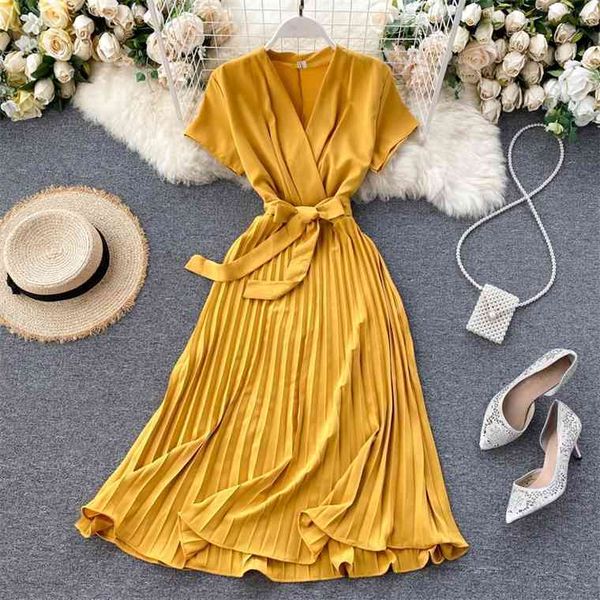 

autumn fashion female solid pleated dress women v neck short sleeves sashes long dresses summer streetwear vintage, White;black