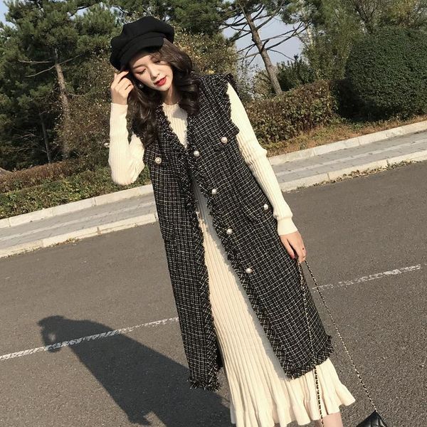 

women's jackets plaid jacket sleeveless tweed black / white casual holiday autumn winter small fragrance long one piece, Black;brown