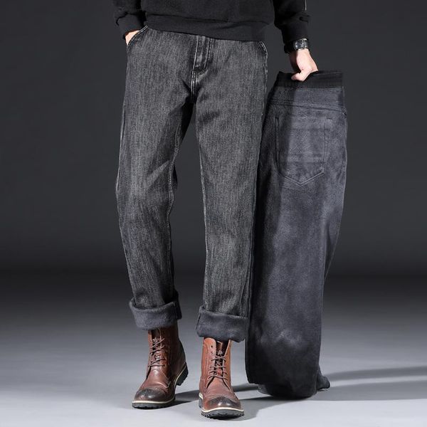 

men's jeans 2021 winter warm regular-fit business fashion thick denim trousers black smoky gray, Blue