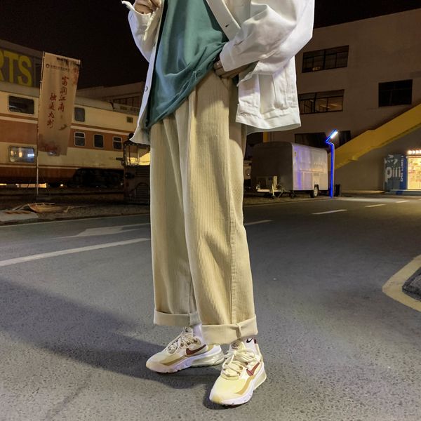 

2021 spring autumn corduroy mens new yellow casual streetwear trousers male straight wide leg pant fashion hip hop uhuh, Black