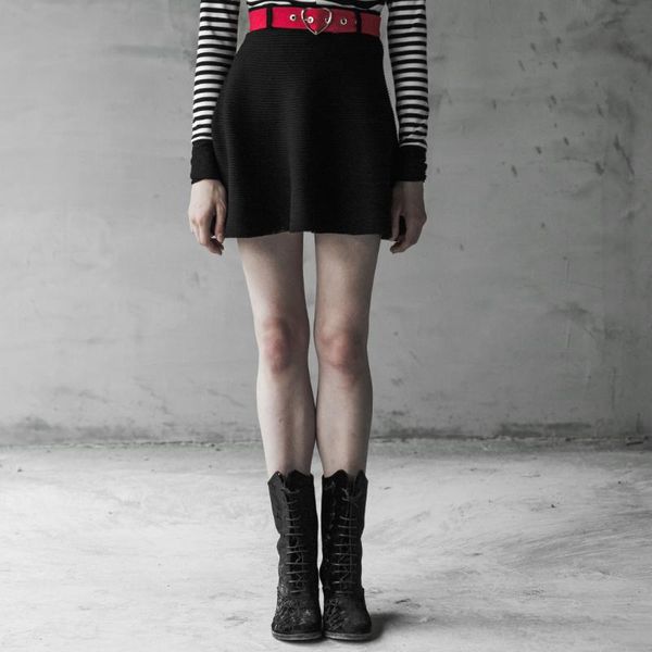 

skirts punkrave women's punk woolen half skirt with belt street style a pendulum high waist casual mini, Black