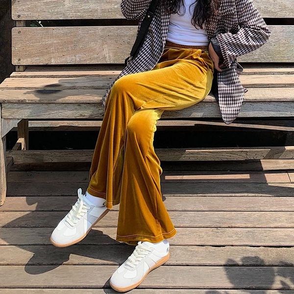 

women's pants & capris gold velvet wide-leg women 2021 autumn and winter loose trouser high waist drape thin casual streetwear, Black;white