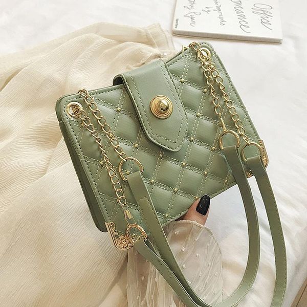 

cross body 2021 square women bag retro rivets pure color houndstooth elegance chain wide shoulder straps single inclined