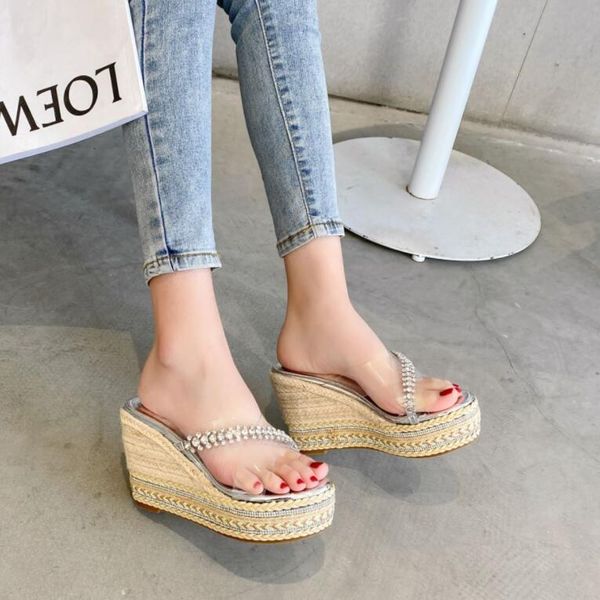 

slippers women crystal high heel pumps ladies shoes wedges slides party platform peep toe zapatos de mujer, Black