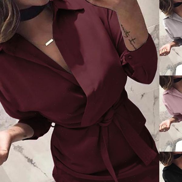 

women long sleeve turn down collar belted shirt mini dress casual womens dress vetements femme ete 2021, Black;gray