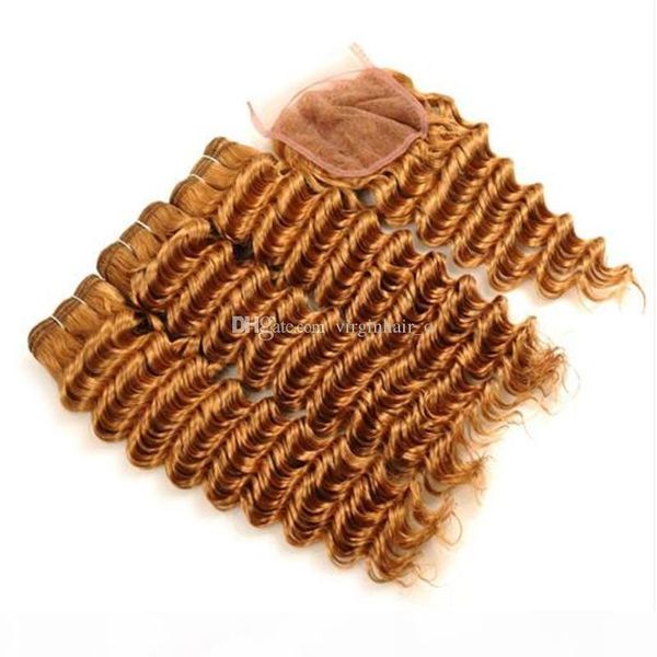 

honey blonde #27 malaysian deep wave human hair bundles with lace closure part #27 lace closure with virgin hair weaves, Black