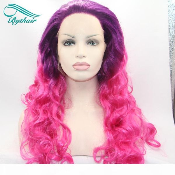

bythairshop long body wave ombre purple red color synthetic lace front wig half hand tied ombre purple rose red heat resistant fiber hair, Black