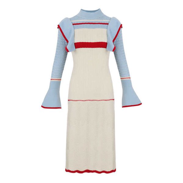 

perhaps u knitted blue white flare sleeve ruffle o neck midi dress autumn elegant long sleeve d0815 210529, Black;gray