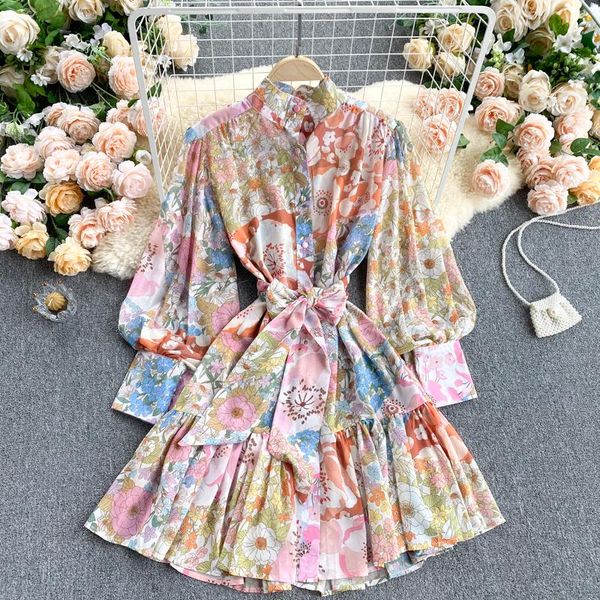 

casual dresses trendy spring summer nice women fashion vintage floral chiffon dress elegant lantern long sleeve mini shirt with belt, Black;gray