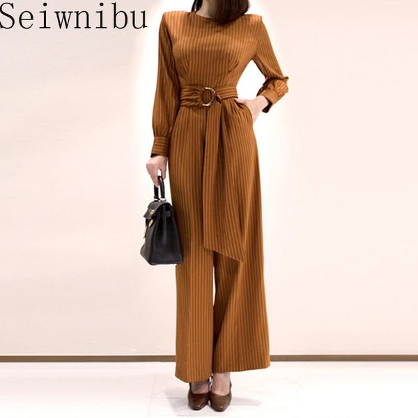 

women's jumpsuits & rompers vintage polyester women jumpsuit romper elegant work wear sash belt female long sleeve office lady overalls, Black;white