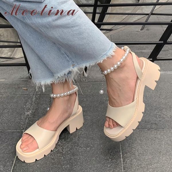 

dress shoes meotina women genuine leather platform sandals high heel string bead square toe thick summer ladies 40, Black