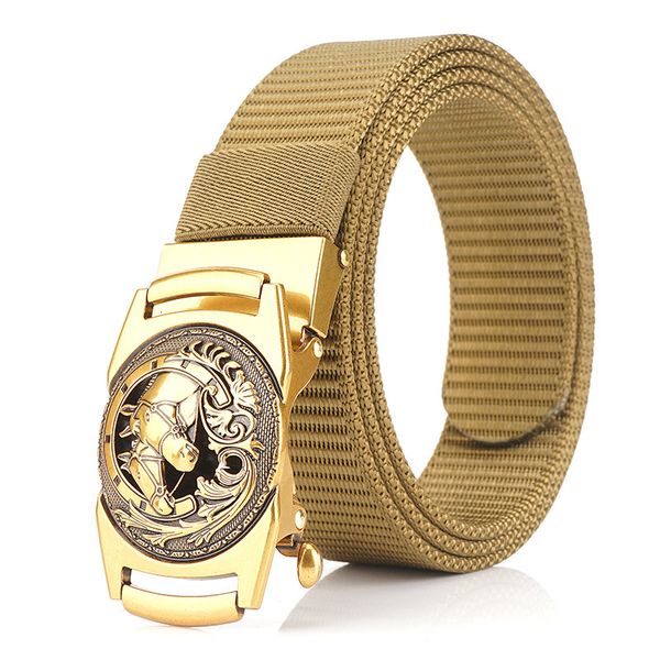 

2021 new unique design zinc alloy horse head buckle metal nylon belt canvas belts for men 3.4cm wide l18m, Black;brown