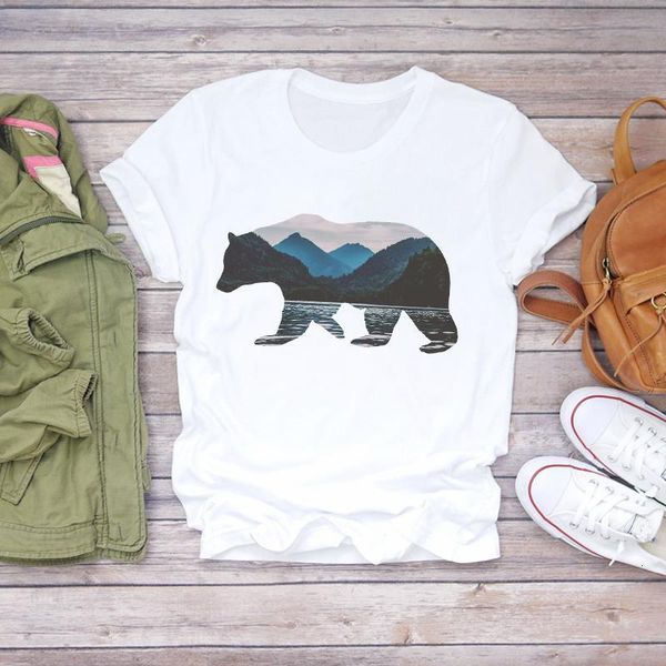 

women mountain bear cute fashion cartoon print clothing summer shirt t-shirts t graphic female ladies womens tee t-shirt, White