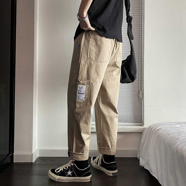 

asual cargo men hip hop pure color street clothing length broek elastic tail loose jogging running, Black