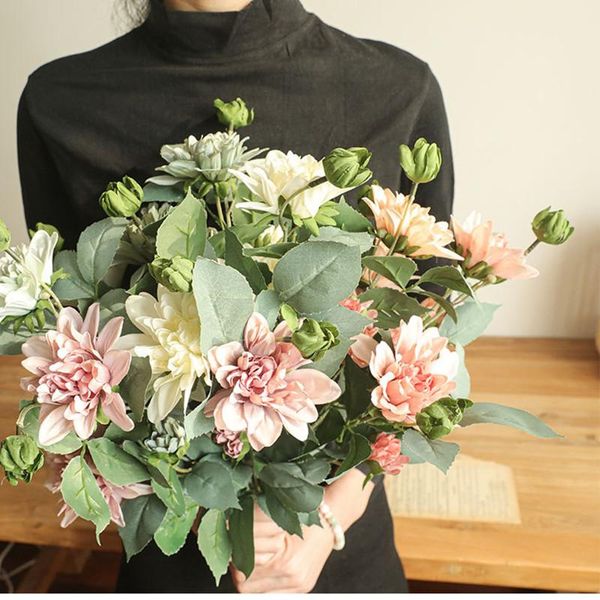 

1pc artificial flower silk 3 heads dahlias daisy chrysanthemum flower and leaf wedding party home decoration