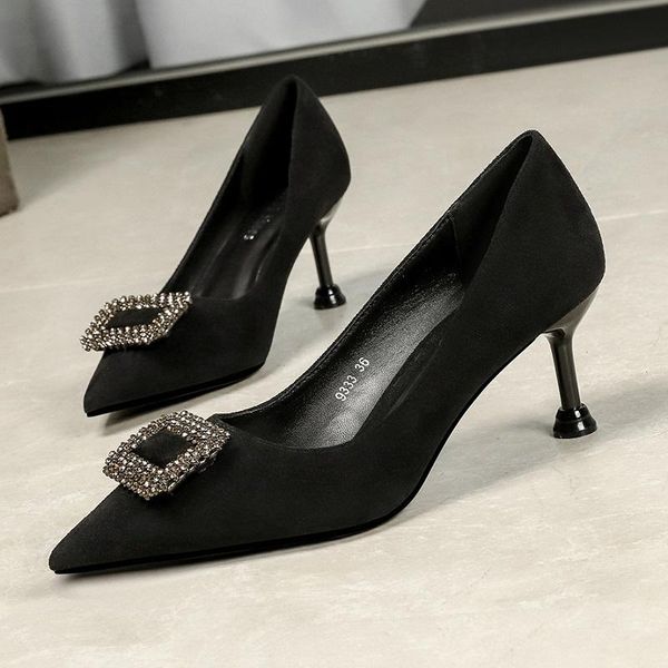 

dress shoes women pumps high heels stiletto pointed toe office ladies luxury crystal buckle bridal wedding party zapatos mujer, Black