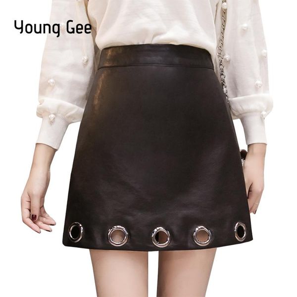 

skirts young gee faux leather skirt black high waist holes pu women elegant a-line slim avove knee mini saias faldas