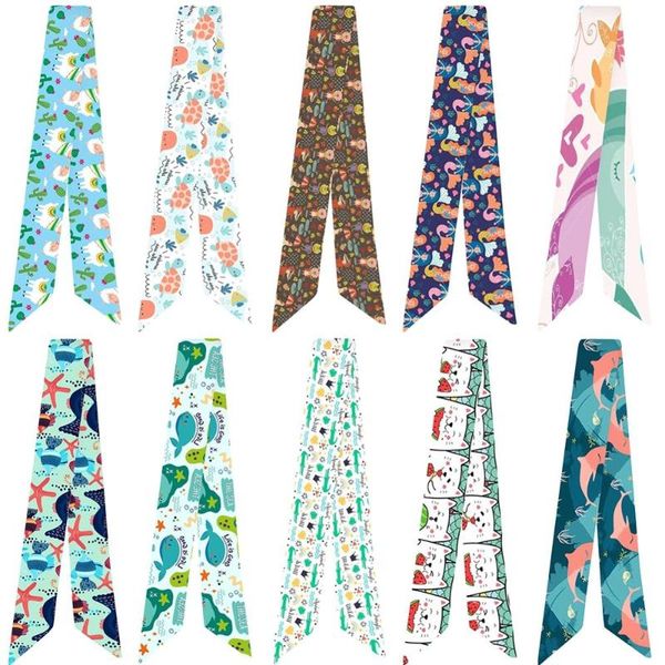 

scarves cute fashion scarf cartoon animal pattern printing bag handle tie wrap silk small 95*5 cm, Blue;gray