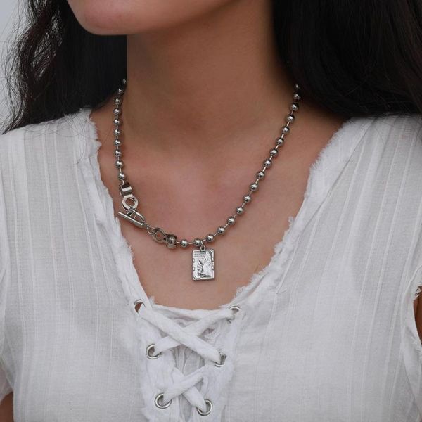 

pendant necklaces lacteo vintage angel square carved coin necklace fashion beads clavicle chain choker jewelry for women and men, Silver