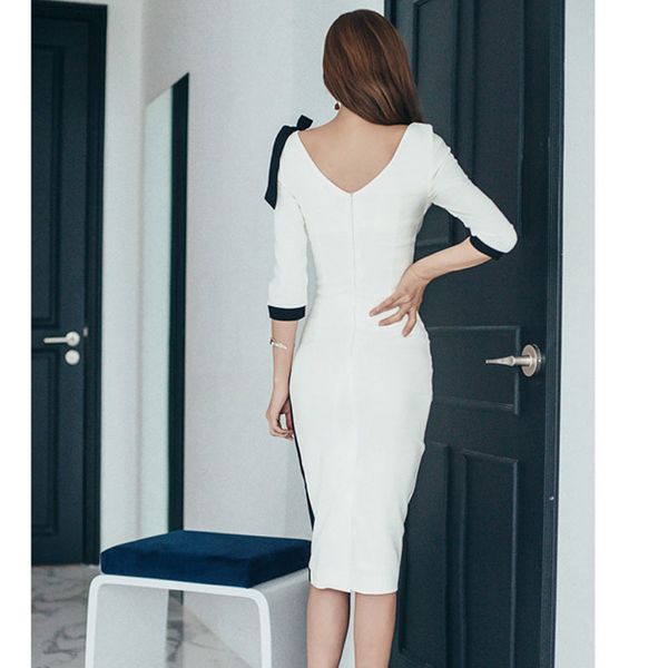 

contrast bow cut back pencil female spring sheath ol dress ta1620 idfo, Black;gray