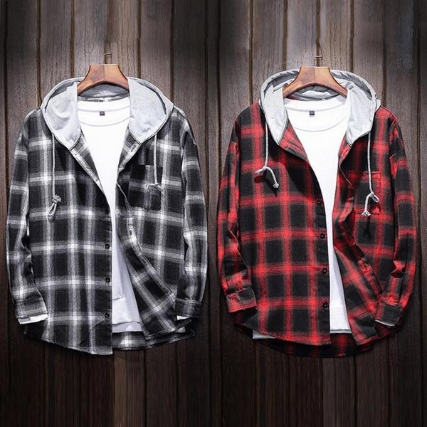 

men's vests plaid hooded shirt jacket casual long-sleeved coat cotton fashionable keep warmth daily wear cardigan, Black;white