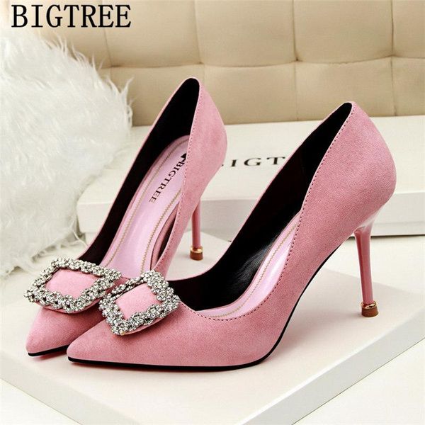 

dress shoes rhinestone women arrival 2021 wedding bride pink heels luxury bigtree high talon femme, Black