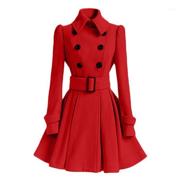 

women coats vintage double breasted belt slim thickening jackets female long sleeve woolen classic medium-length overcoat1, Black