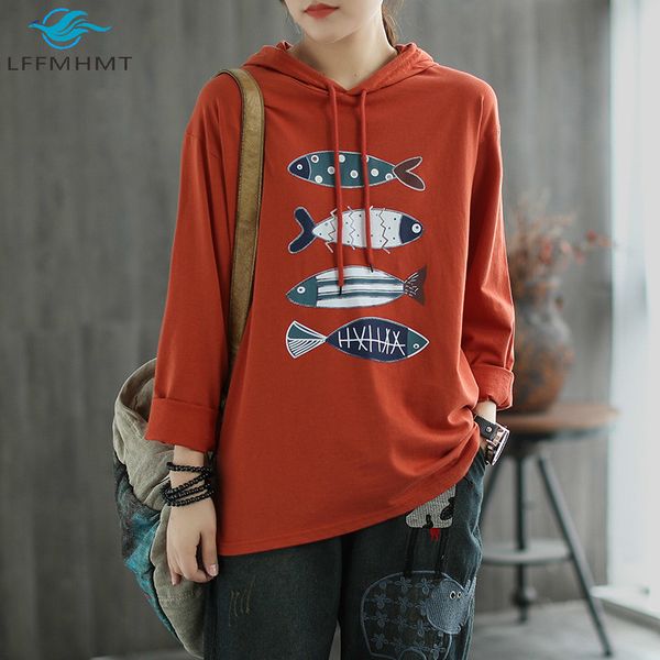

2021 new women spring autumn fashion cartoon fish printed sweatshirt office lady long sleeve hooded large size casual pullover bm08, Black