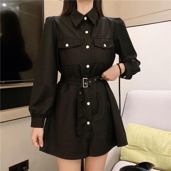 

casual dresses zoki vintage women dress belt long sleeve autumn black a line single breasted vestidos elegant party ladies 2021, Black;gray