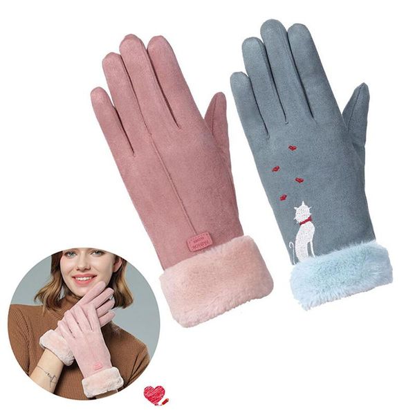 

five fingers gloves fashion women autumn winter cute furry warm mitts full finger mittens outdoor sport female screen glove, Blue;gray