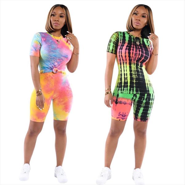 

casual two pieces set womens pants outfit short sleeve tie dye printed stripes clubwear tracksuit sportswear daily clothes, White