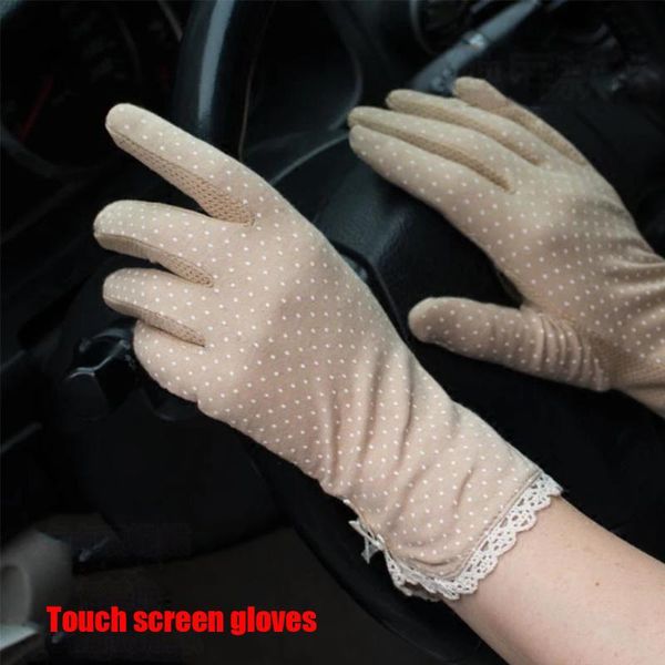

five fingers gloves fashion summer sunscreen lace patchwork thin touch screen sun protection driving short dot women, Blue;gray