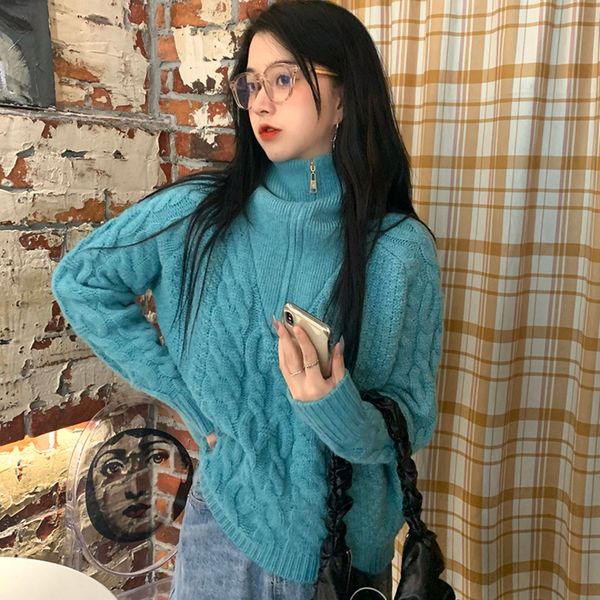 

control film autumn and winter korean version zipper tongue lazy wind women's high neck sweater knitted coat, White;black