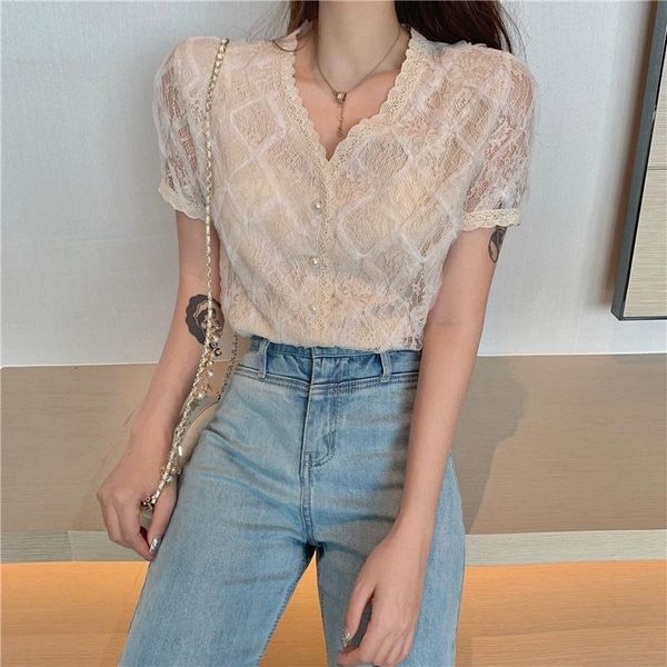

lace mesh blouse women plus size v neck women and blouses single breasted shirt elegant loose vintage apricot shirts chic, White