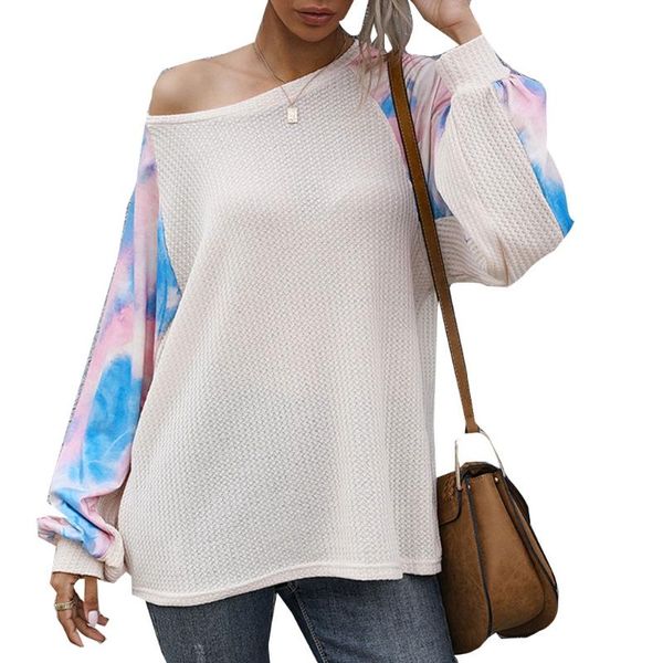 

women's t-shirt women casual tie-dye long sleeves spliced loose t-shirts round neck shirts bx0a, White