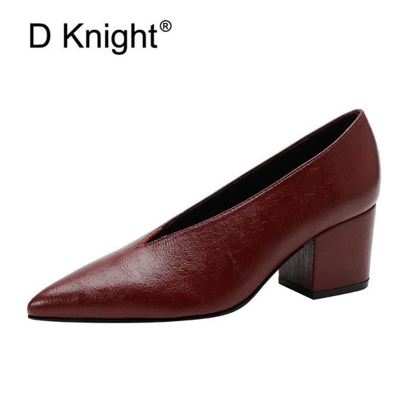 

dress shoes pointed toe chunky heels women office lady ol leather pumps work v mouth casual square heel slip on woman, Black