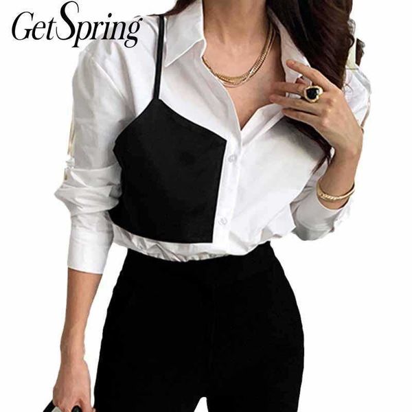 

getspring women blouse asymmetric shirts chic single breasted color matching ladies fake two long sleeve 210601, White