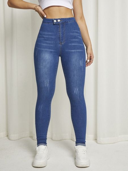

button detail skinny jeans t02a#, Blue
