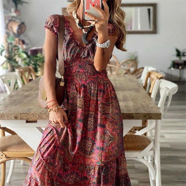 

2021 summer fashion print.. short sleeve large swing women's dress long skirt, White