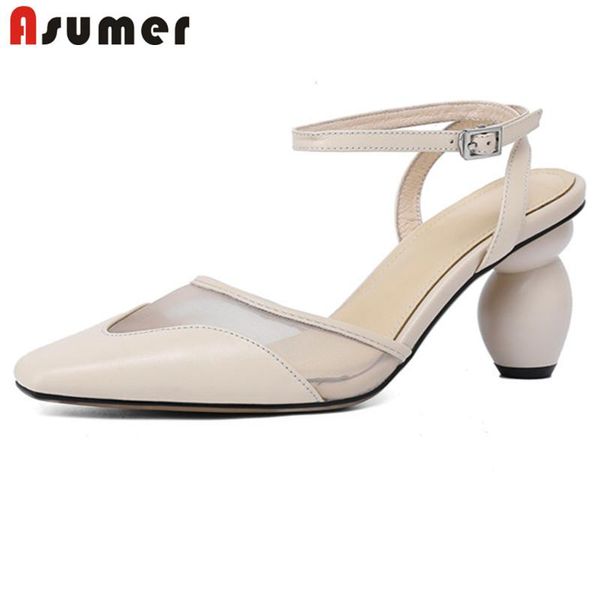

asumer 2021 genuine leather shoes women sandals high heels ankle buckle vintage strange heel party shoes woman, Black