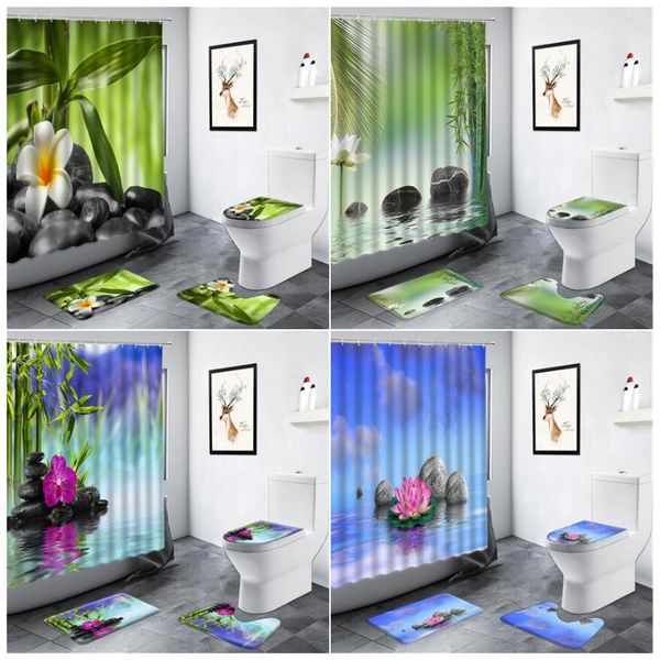 

shower curtains zen garden scenery water green bamboo black stone lotus landscape bathroom carpet toilet non-slip bath mats sets