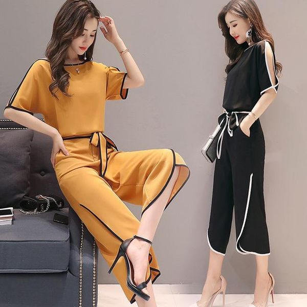 

women chiffon pant suits formal office lady business work pantsuits summer short sleeve blouse wide leg pants two piece set, Gray