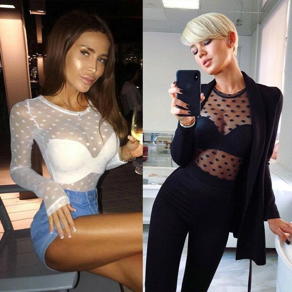 

women perspective mesh t shirt long sleeve polka dot crew neck sheer long sleeve summer fashion ladies costume, White
