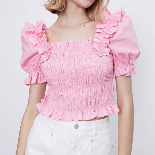 

women's t-shirt cultiseed women sweet square collar ruffles puff sleeve slim waist short t-shirts female solid office party tees, White