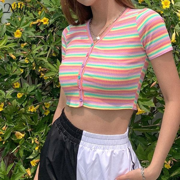 

popular rainbow colors stripe slim v neck tshirt cropwoman elegant leisure high street basic tees elastic clother, White