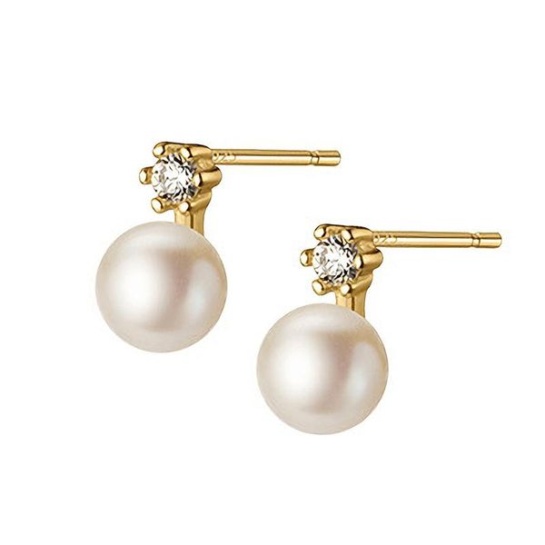 

stud real 925 silver six prong crystal zircon earrings female round pearl studs engagement wedding jewelry gift, Golden;silver