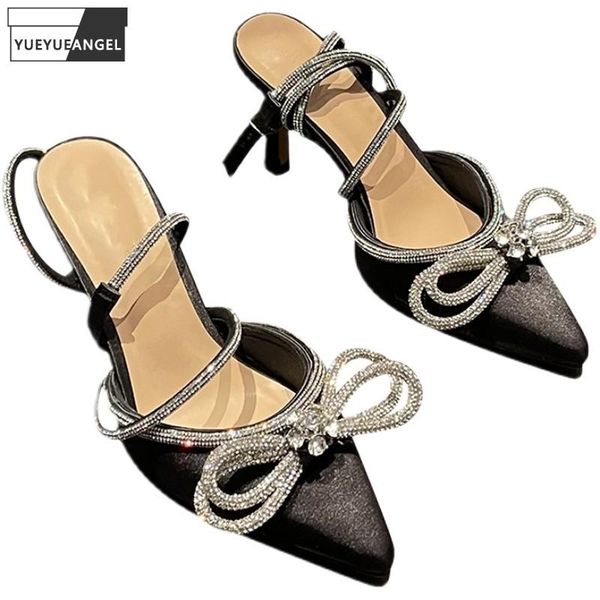 

ladies pointed toe crystal bowknot summer sandals fashion women shiny diamonds ankle strap party high heels sandals shoes, Black