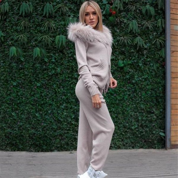 

women's two piece pants women knitted hoodie customs sets autumn winter sweater suits faux fur hooded cardigans +long set for female, White