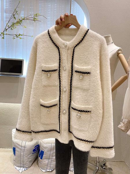 

mink like cashmere sweater jacket women's short 2020 new autumn and winter fashion korean loose knitted cardigan, White;black